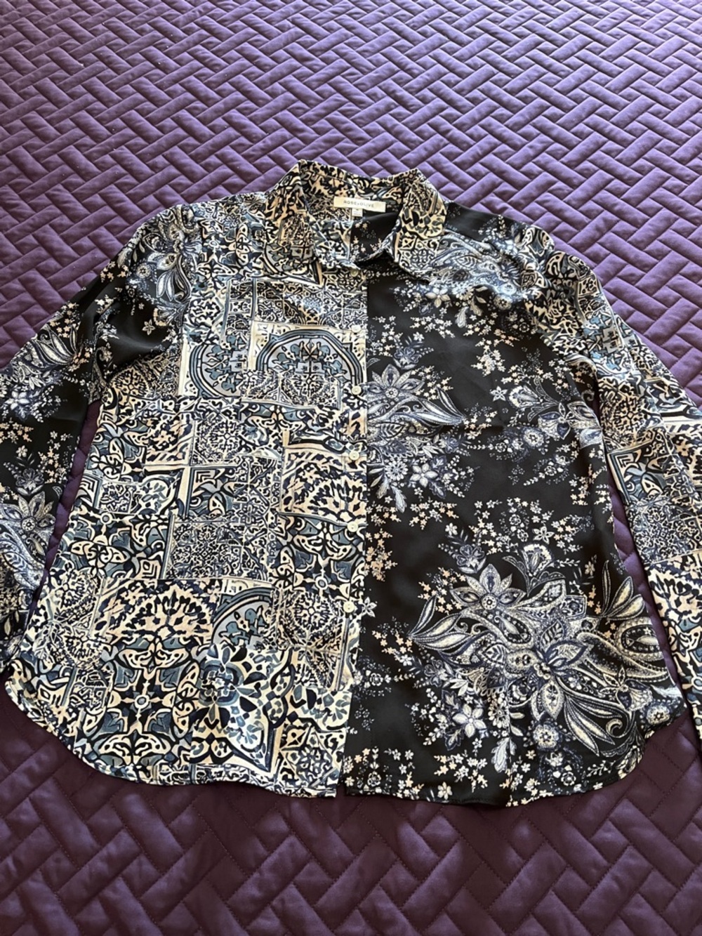 Mixed-Print Button-Up Shirt in Blue and Ivory